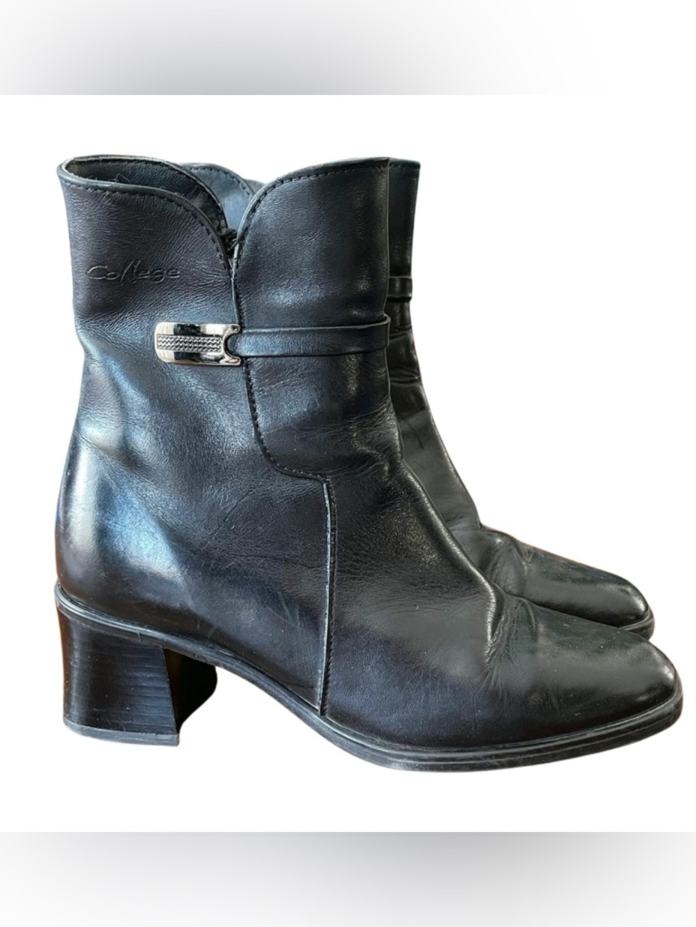 Vintage 90s College Canada Black Leather Ankle Boots Block Heel Minimal 6.5